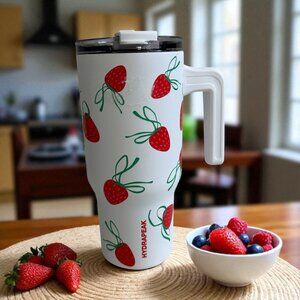 HYDRAPEAK Strawberry Print White Handled Tumbler Cup NEW NWT